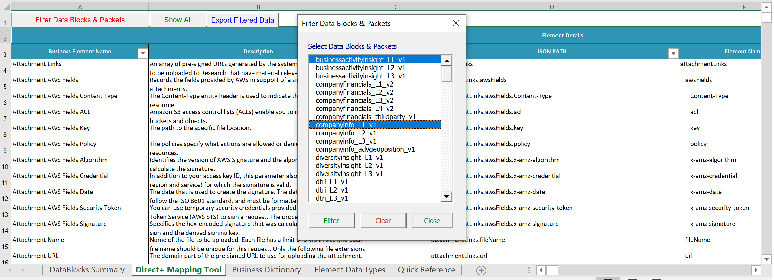 Click on the button 'Filter Data Blocks & Packets' for filtering