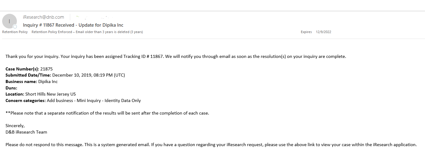 Sample Research Submitted Email